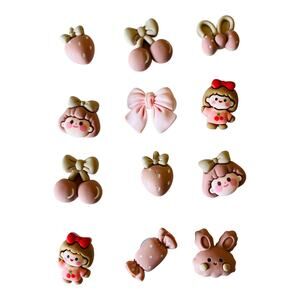NEW Pink Cherry Resin SHOE CHARMS 12pc for Croc Shoes Zippers + Strawberry Girl